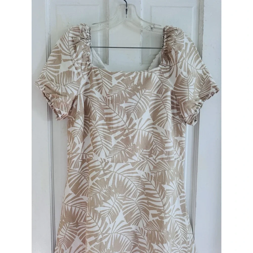 LOFT Palm Print Linen Blend Mini Dress Tropical Coastal Cottagecore‎ Sz 12